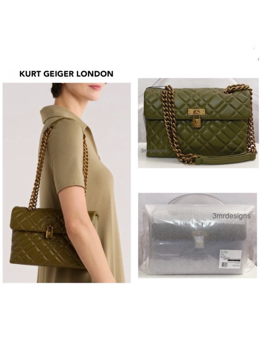 NWT Kurt Geiger London BRIXTON Olive Green Soft Leather Shoulder Bag